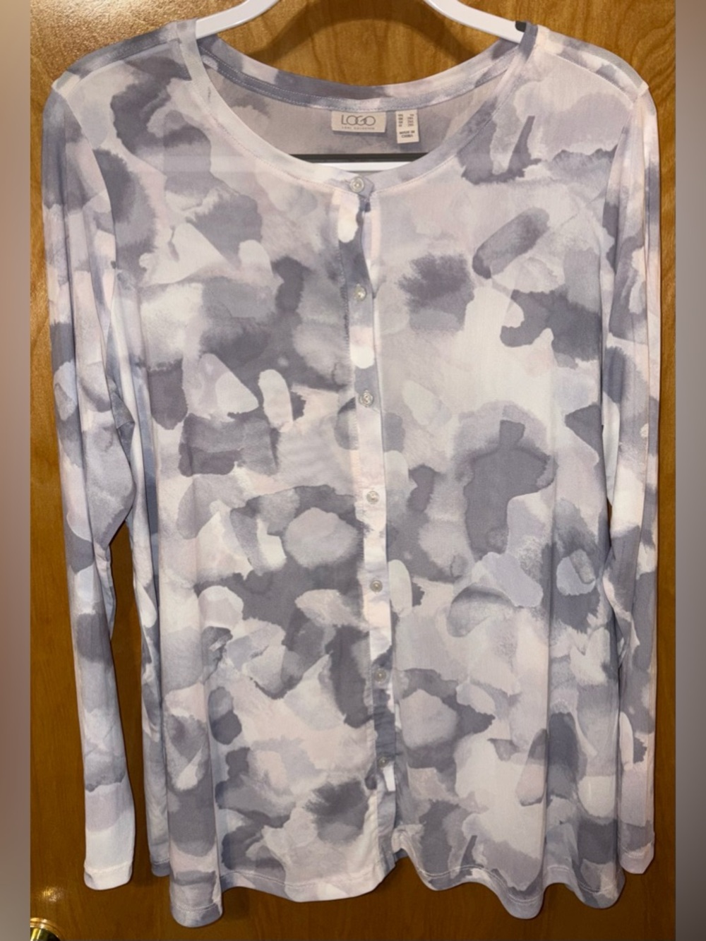 LOGO by Lori Goldstein pearl grey watercolor print mesh cardigan Size 1X A474584